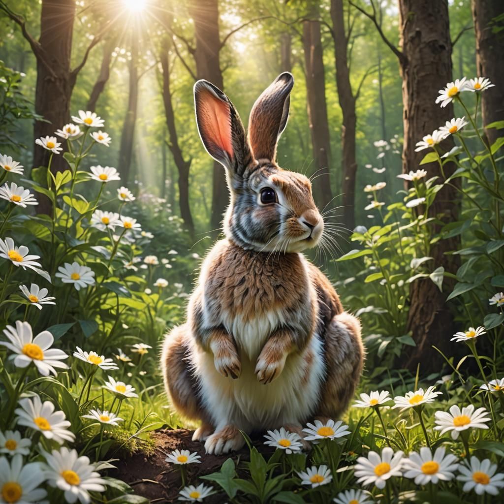 Cute Rabbit and Baby in Forest Sunlight