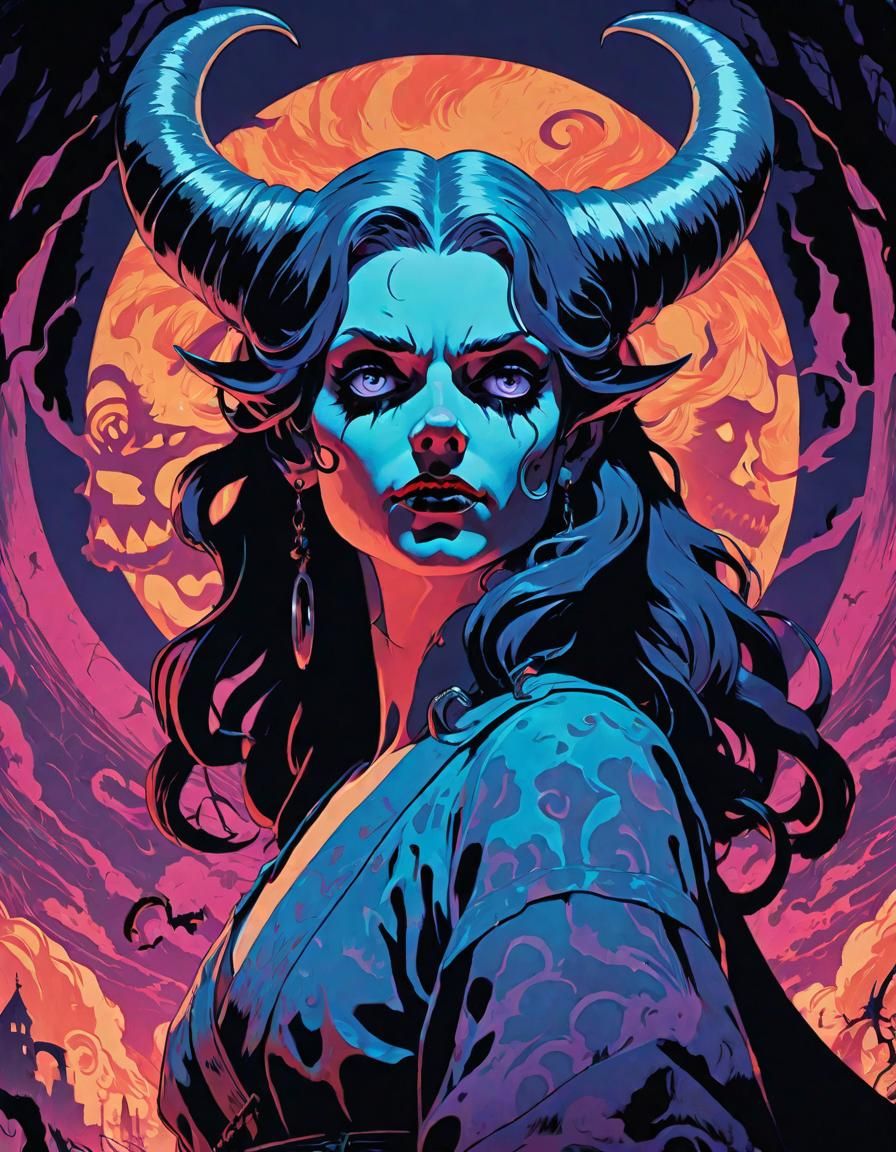 Demonic Lilith in Retro Psychedelic Pop Art Style