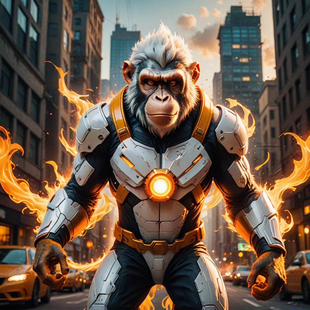 Heroic Monkey Superhero in Vibrant Cityscape