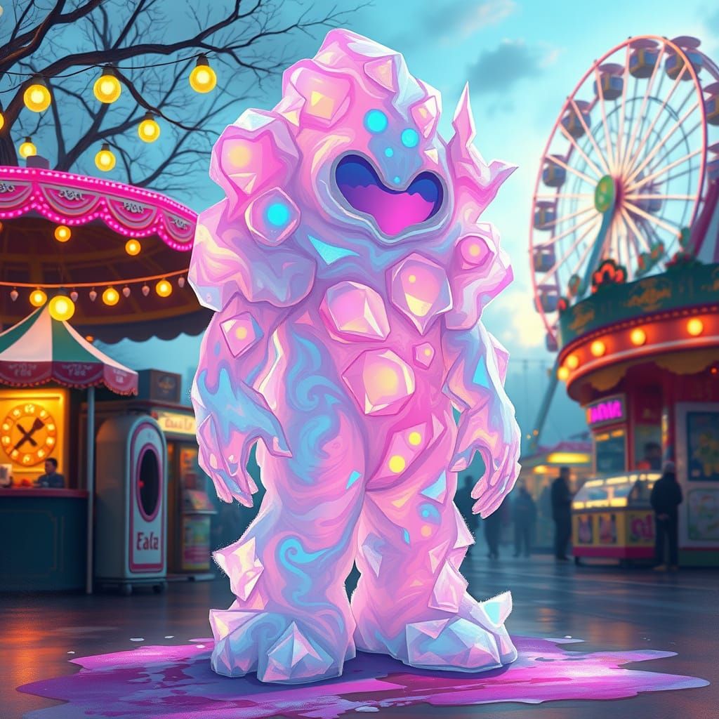 Whimsical Shaved Ice Elemental at a Vibrant Fairground Scene