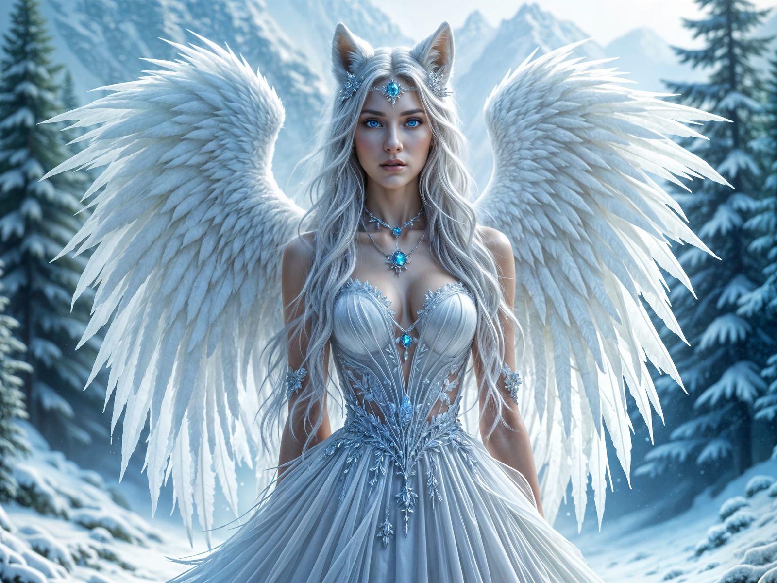 Wolf-Angel Hybrid in Winter Fantasy Style
