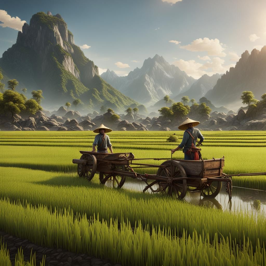 Rice Farmers in Mountain Landscape: Detailed Matte Painting