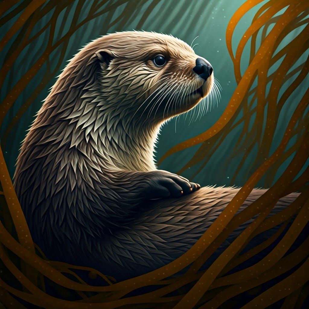 Richly Detailed Wildlife Painting of a Sea Otter in a Kelp F...