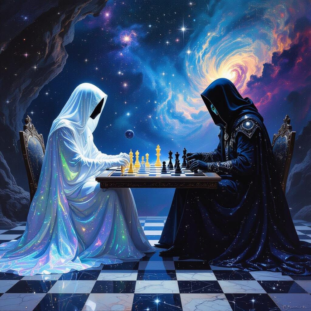 Celestial Chess Game in Nebula, Detailed Matte Painting