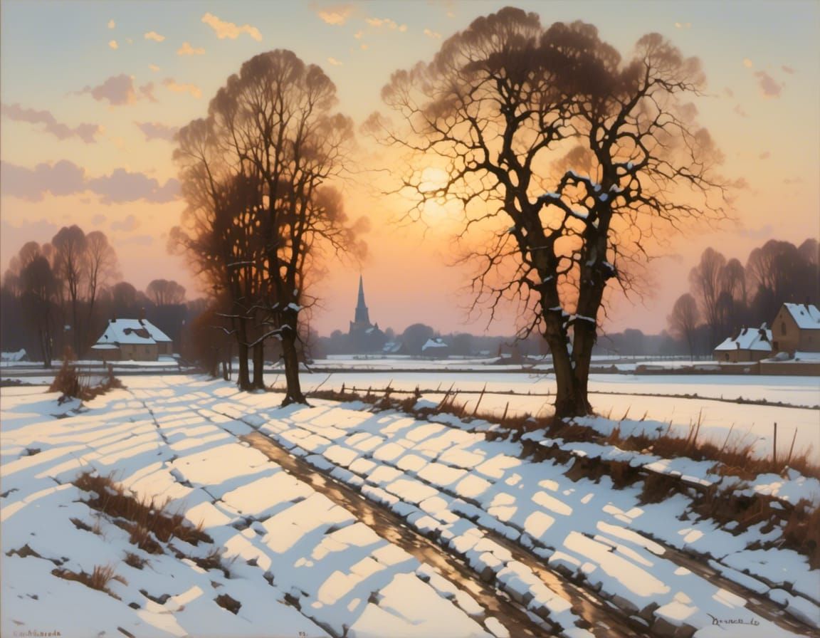 Winter Sunset Landscape in Dutch Golden Age Style