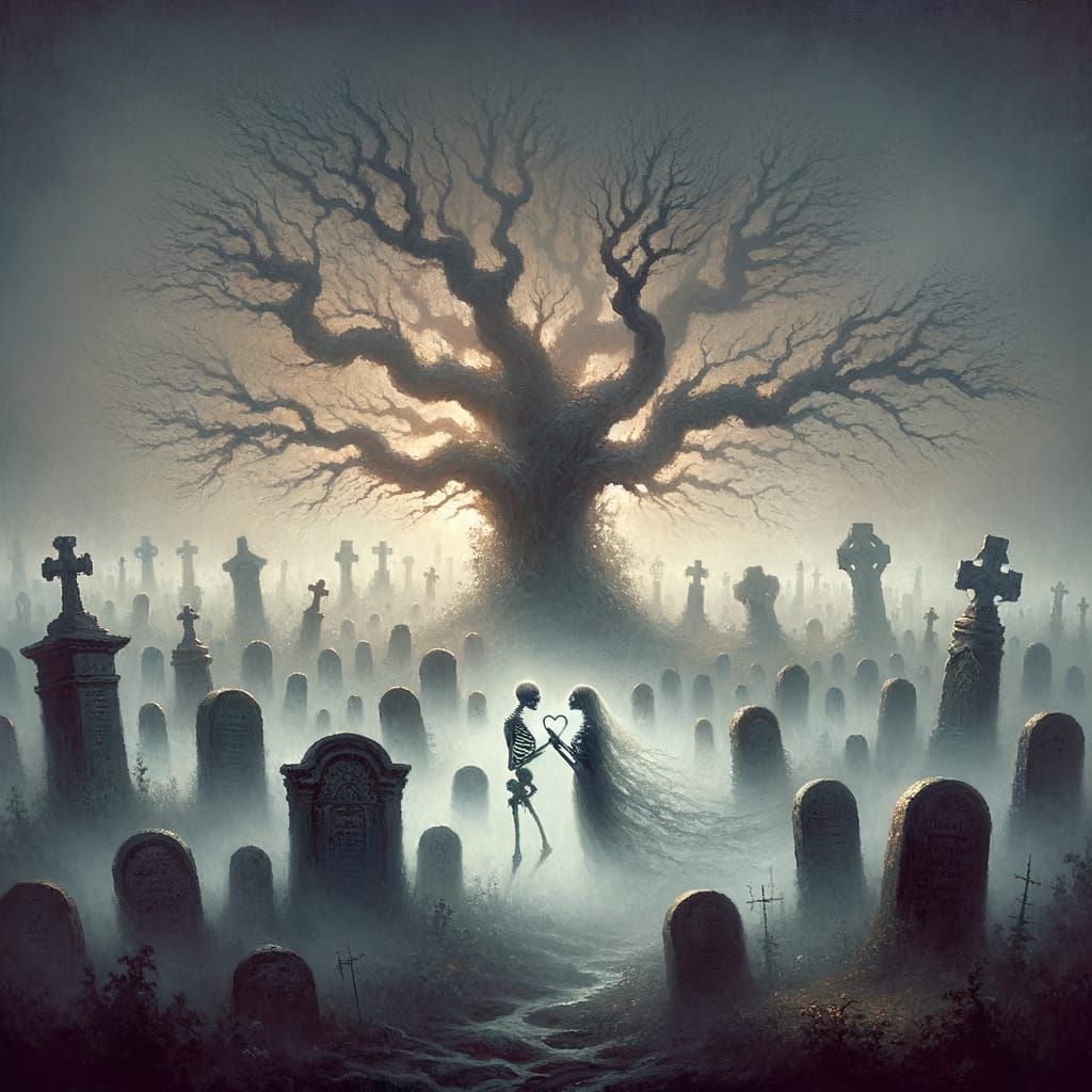 Ancient Oak in Misty Graveyard with Skeletons