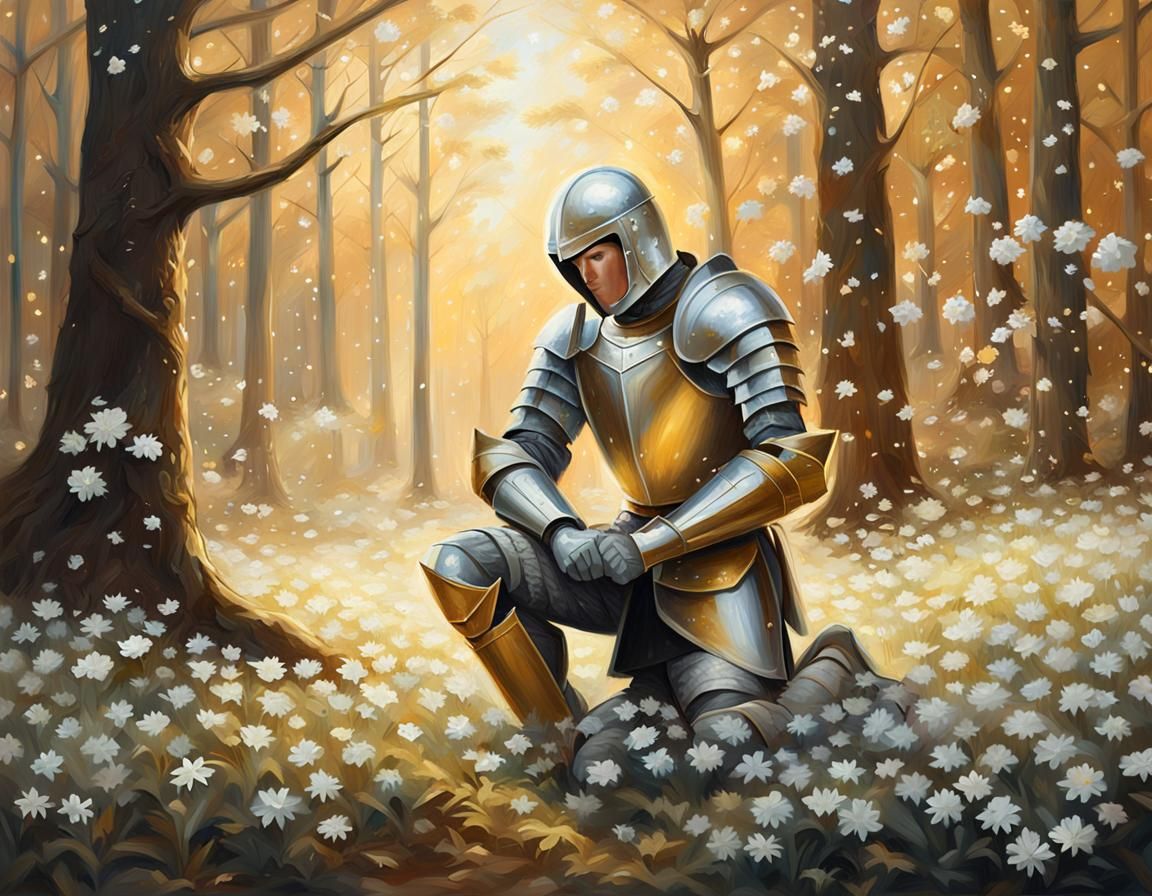 Knight Praying in Forest: Romantic Realism Painting
