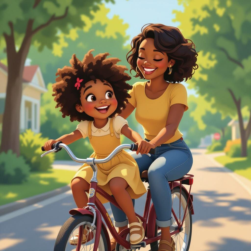 Joyful Black Girl's Animated Pixar-Style Bike Ride