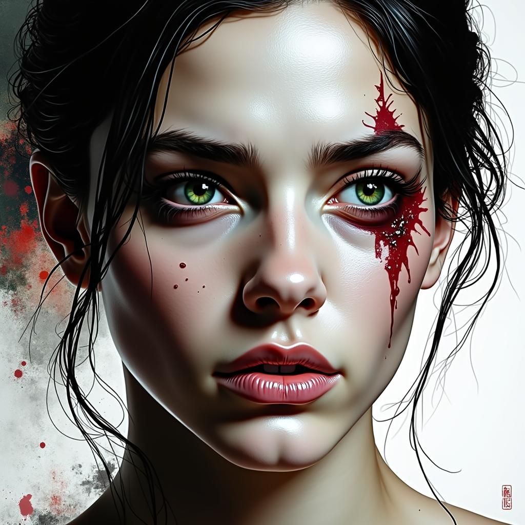 Green-Eyed Woman's Anguish: A Hyperrealistic Portrait