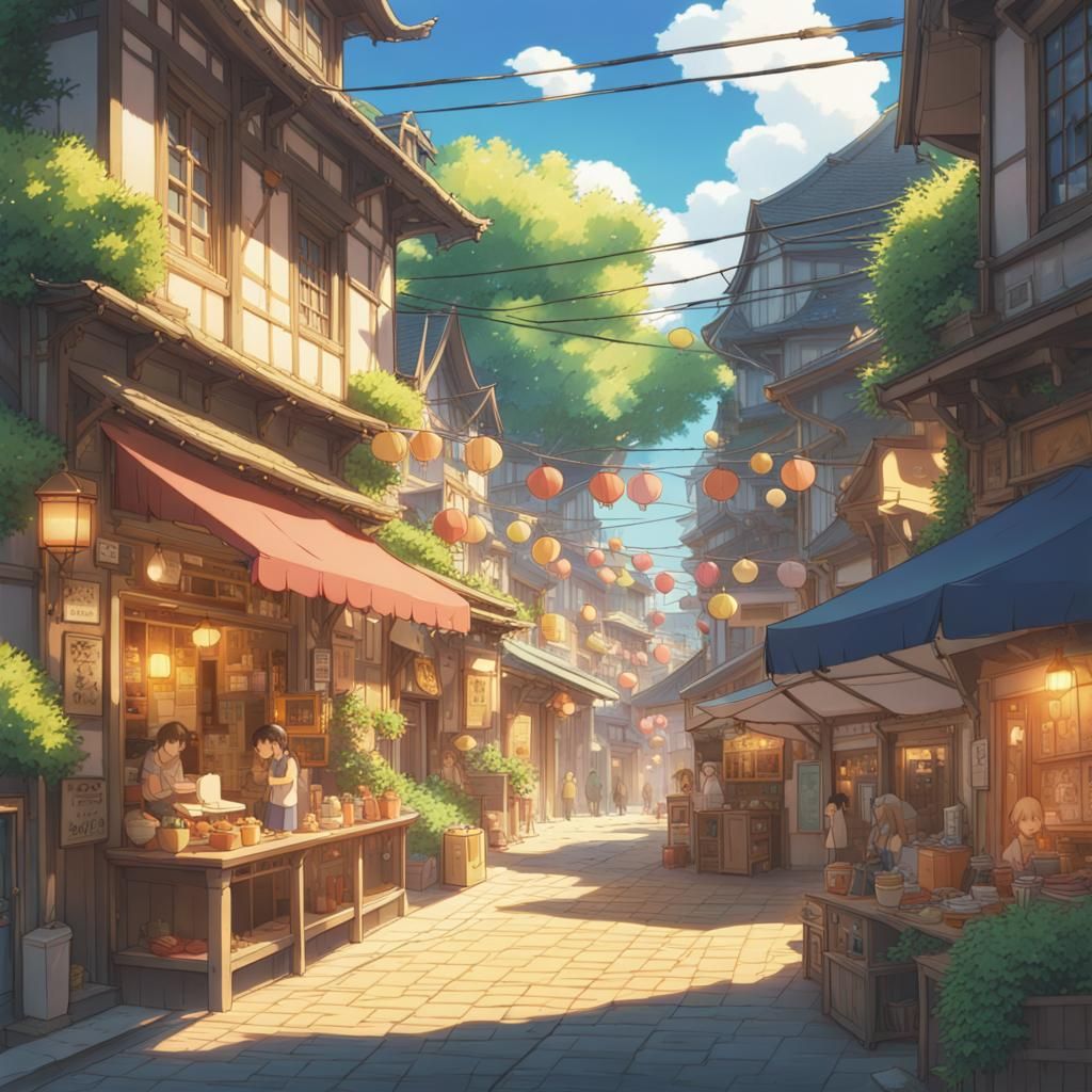 Festival Town Square in Studio Ghibli Anime Style