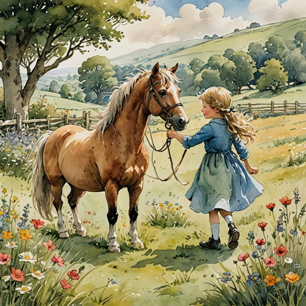 Pony and Girl in Meadow: Watercolor Illustration