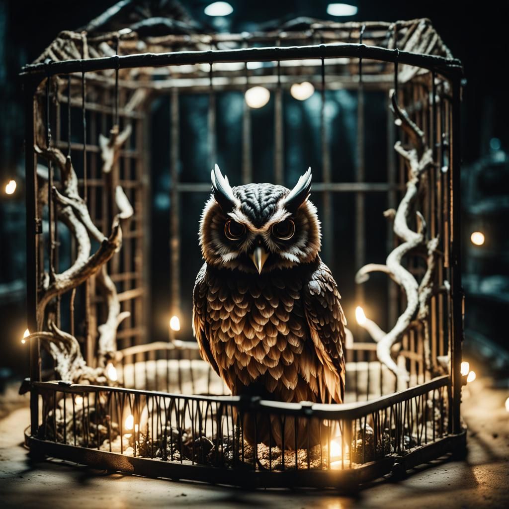Eerie Ghost Owl in Cage with Demons