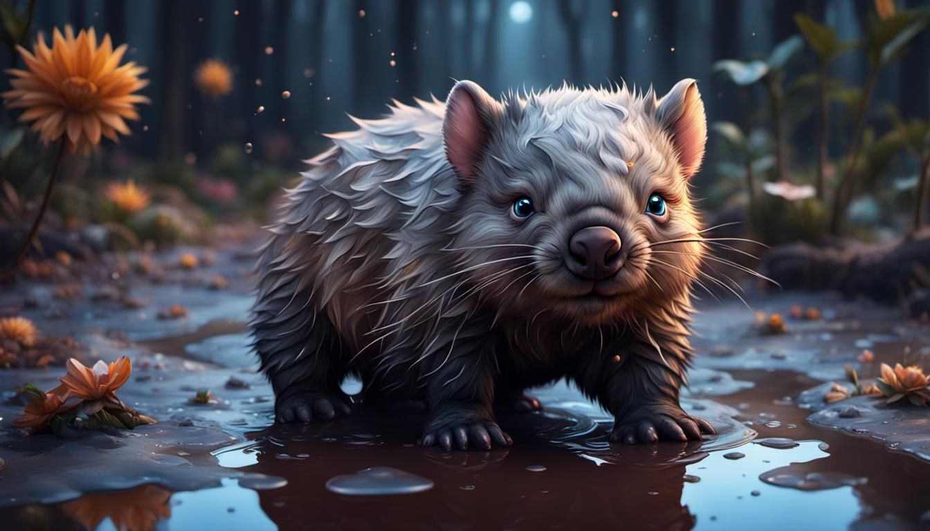 Kawaii Baby Wombat in Puddle: Fantasy Concept Art