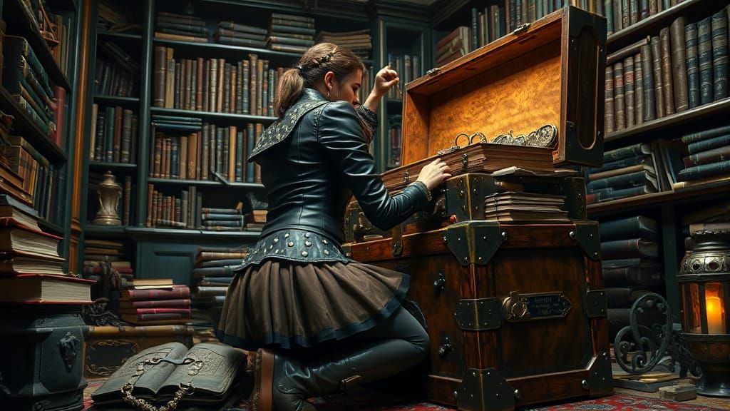 Steampunk Archaeologist Packing Trunk in Palace Room