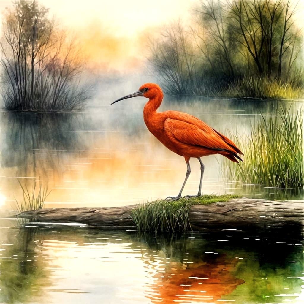 Ethereal Sunset on Dark Waters with a Scarlet Ibis