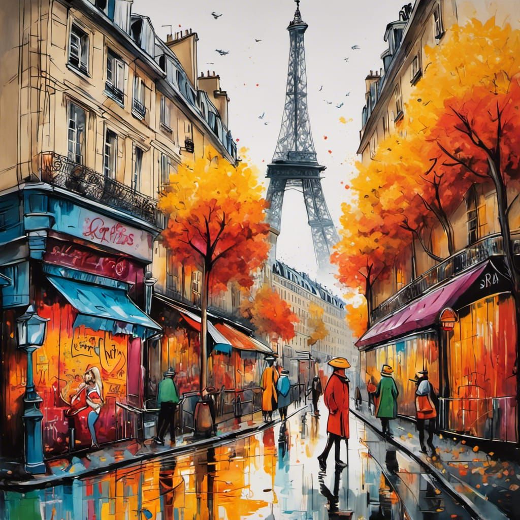 Paris Fall Cityscape in Graffiti Art Style
