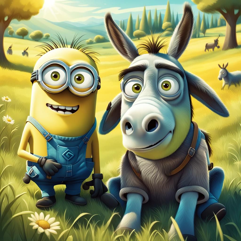 Minion and Donkey Portrait in Cartoon Style