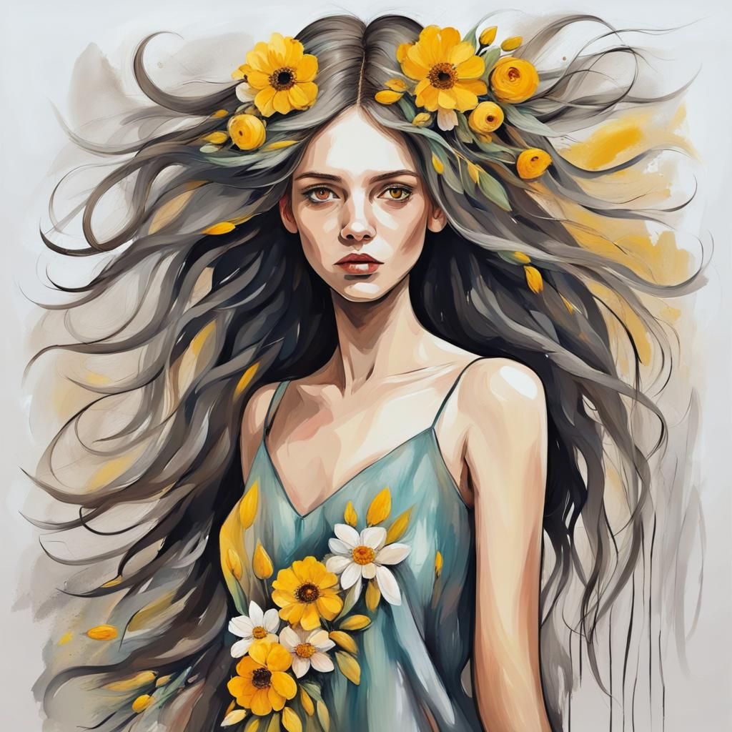 Barefoot Girl with Yellow Eyes in Abstract Art