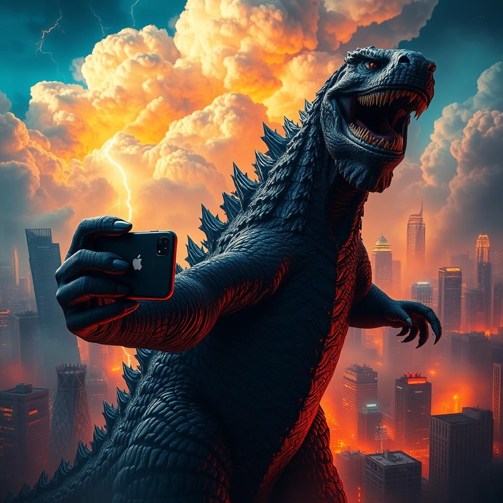 Godzilla's Fiery Selfie in a Neon Cityscape