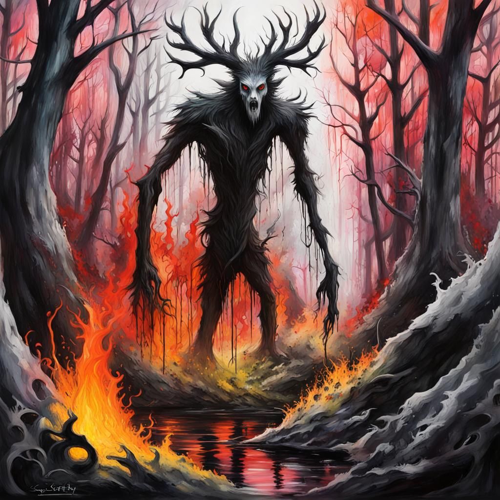 Nightmare Forest Wendigo Chase in Graffiti Style