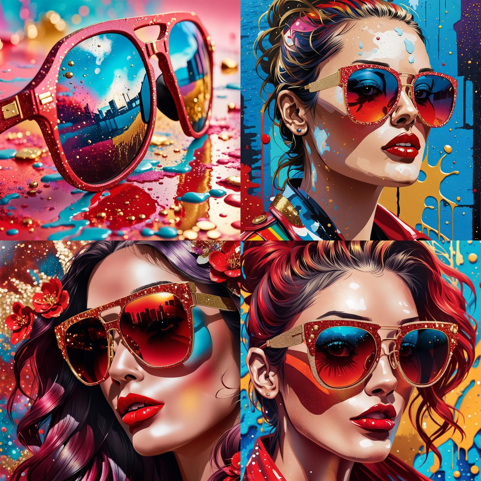Sparkling Red and Gold Sunglasses in Graffiti Style