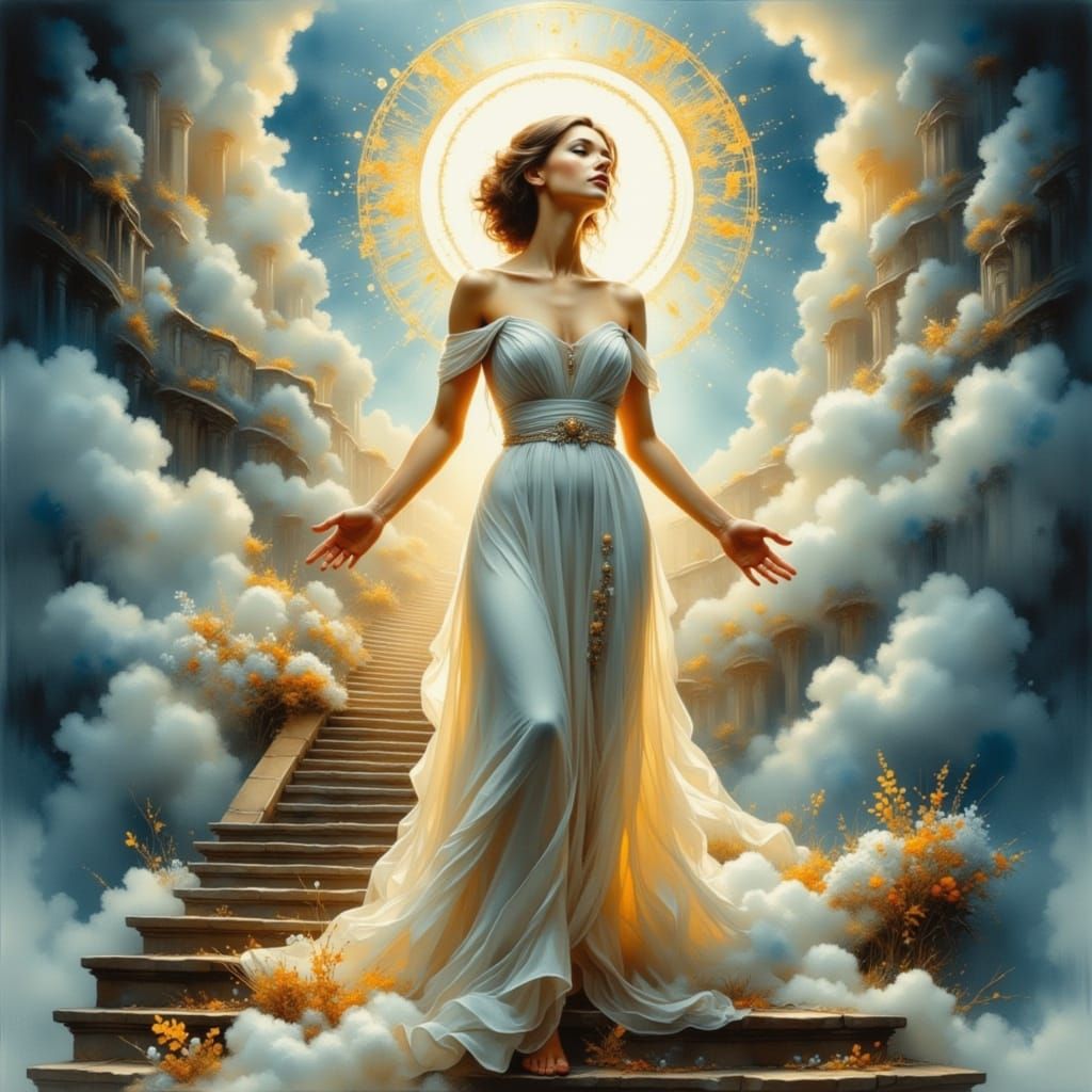 Ethereal Woman Ascends Golden Stairway to Heaven in Dreamy, ...