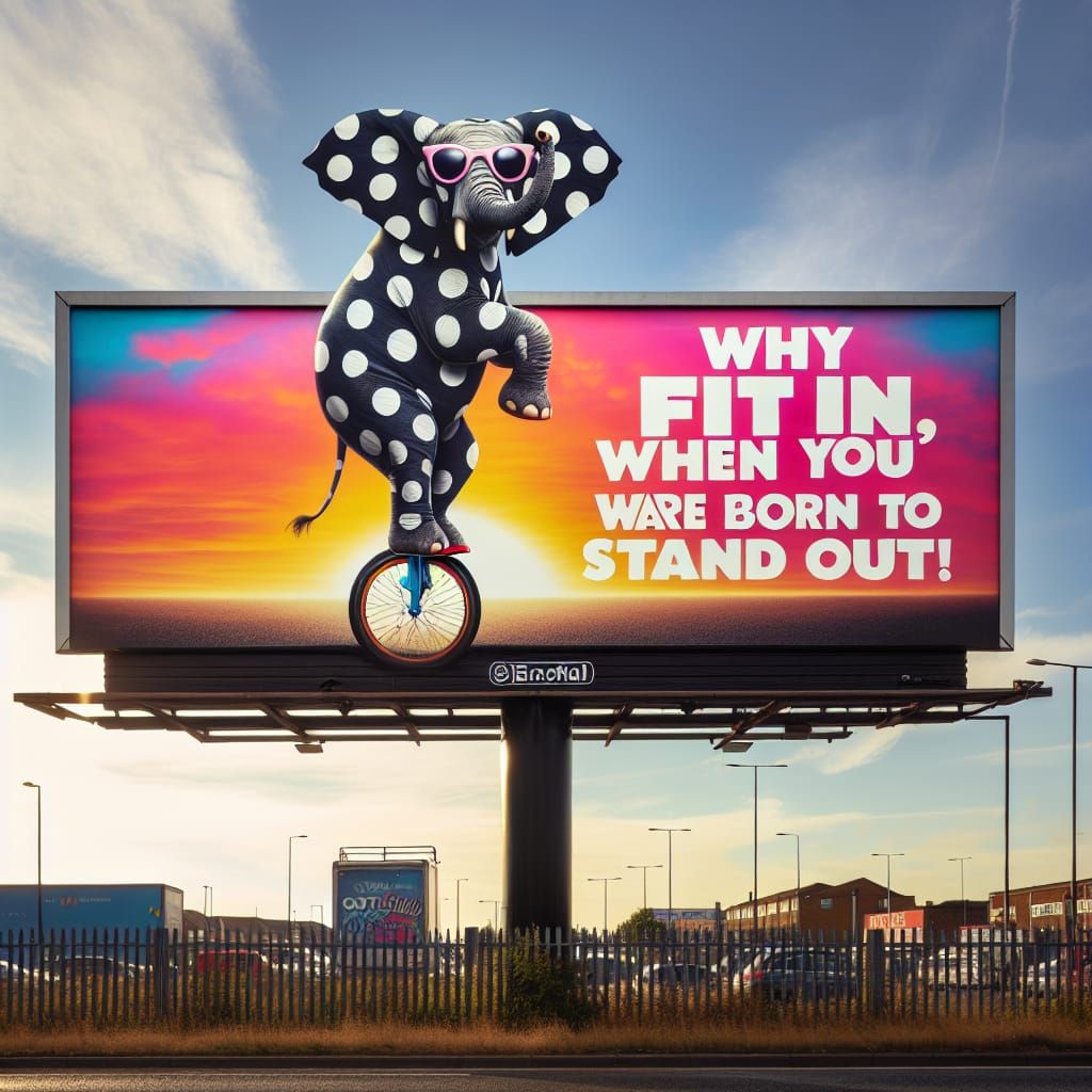 Vibrant Billboard Features Polka-Dotted Elephant on Unicycle