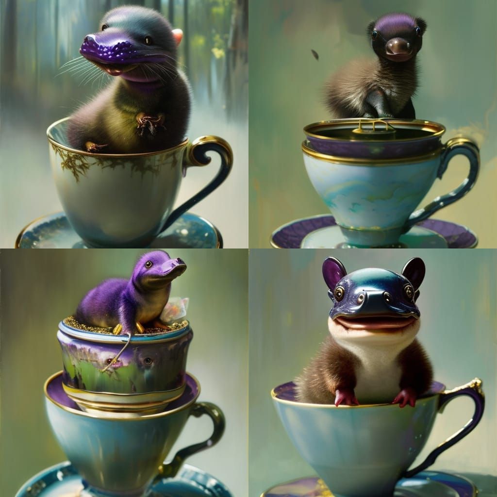 Purple Platypus in Teacup: Detailed Line Art