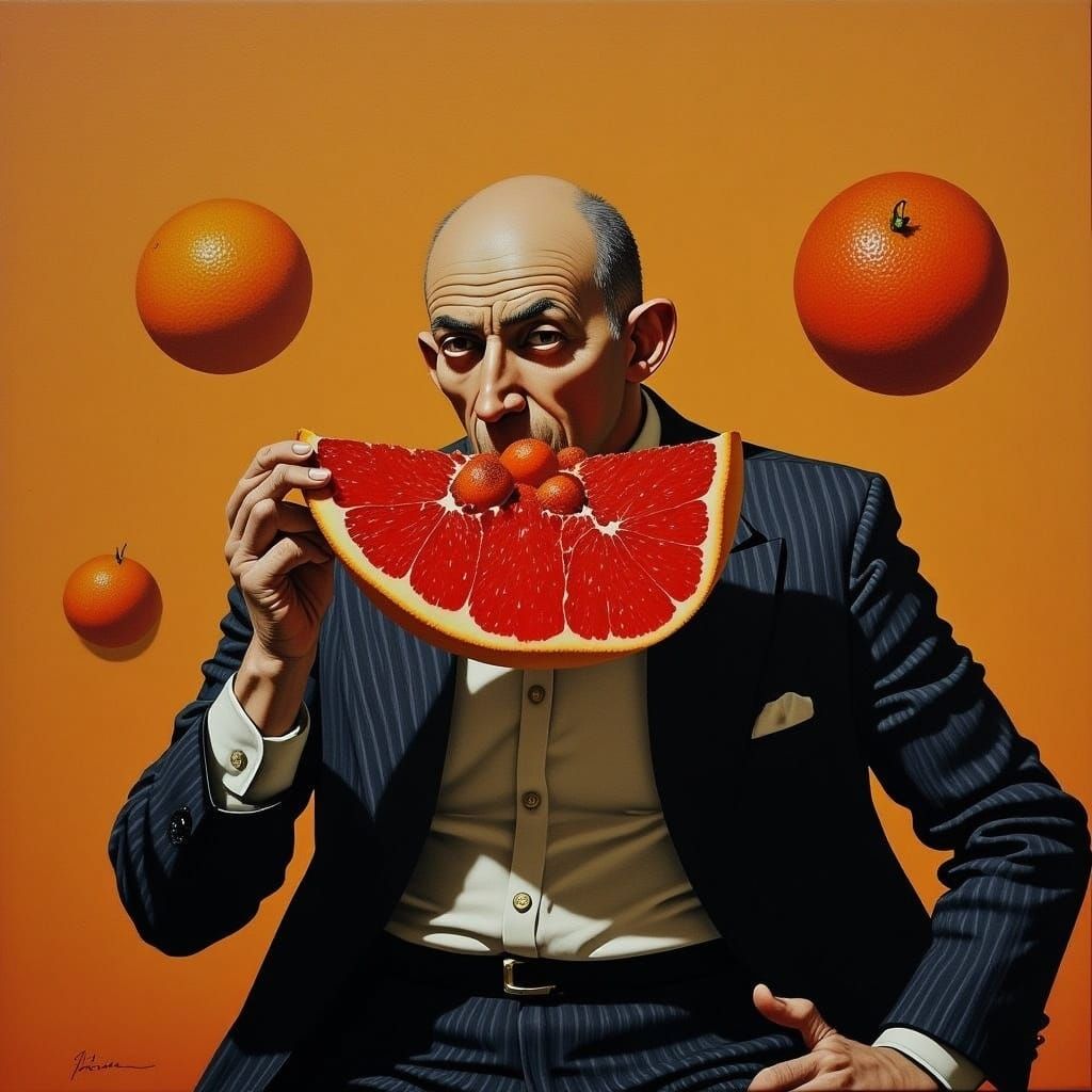 Man Enjoying a Blood Orange in a Surrealist Masterpiece