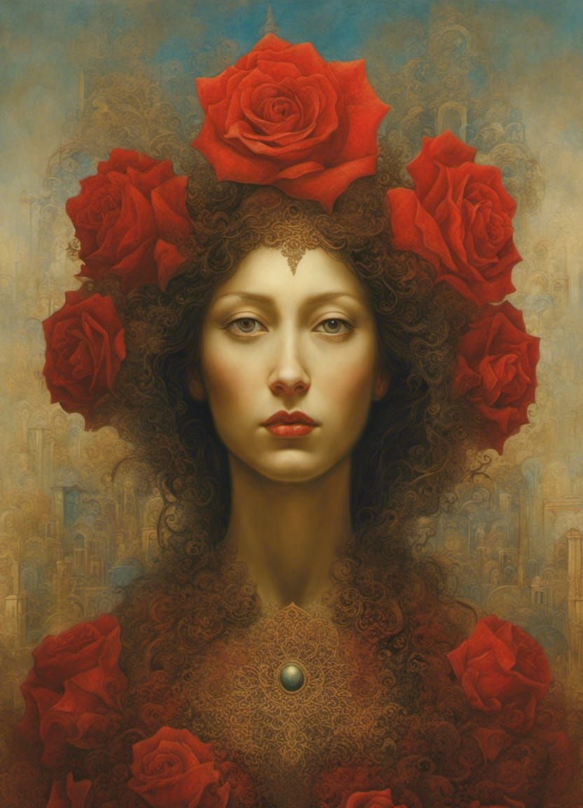 Woman with Red Rose in Surrealist Style