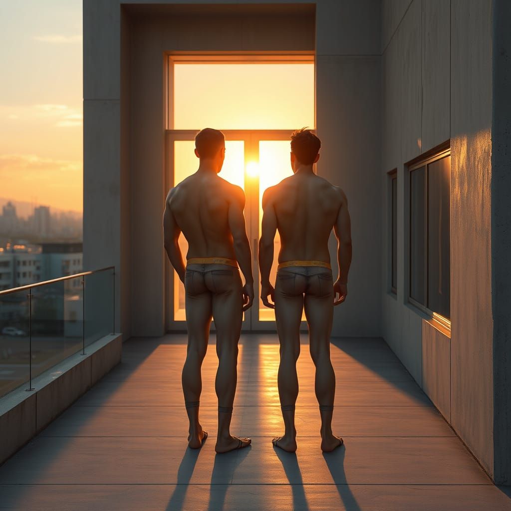 Brutalist Sunset: Men on a Futuristic Terrace