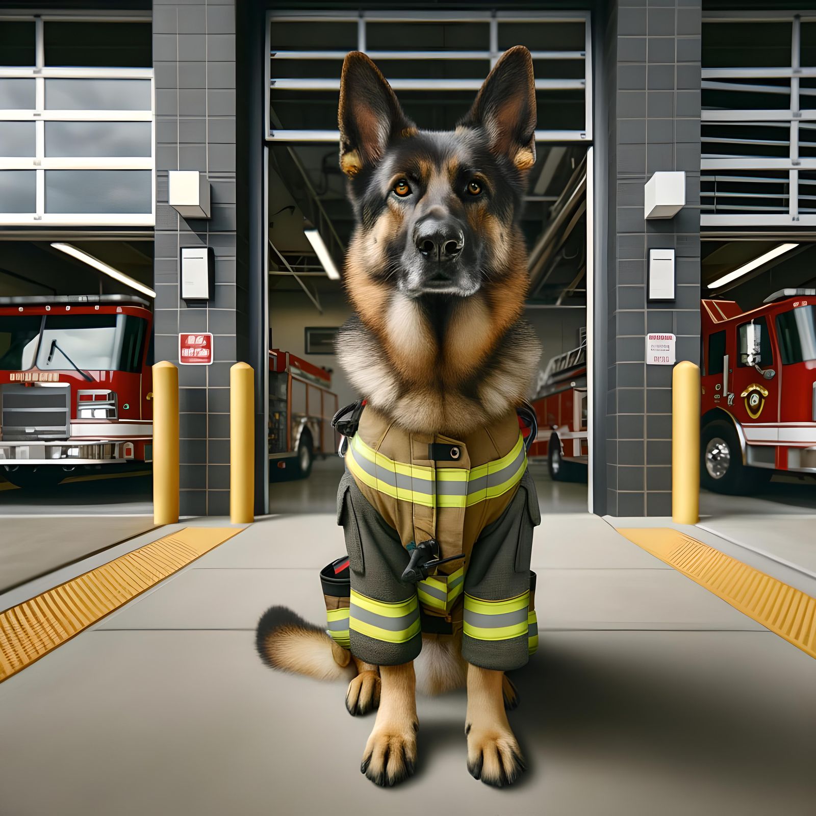 German Shepherd Firefighter Portrait in Hyperrealism