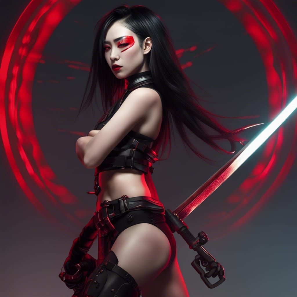 Cyberpunk Beauty with Katana in Destroyed City