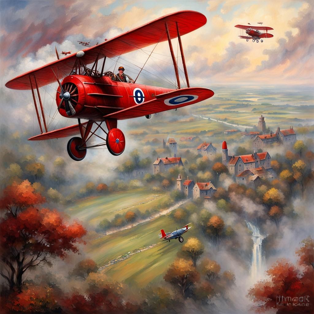 Red Baron's Triplane Over No Man's Land in Ethereal Style