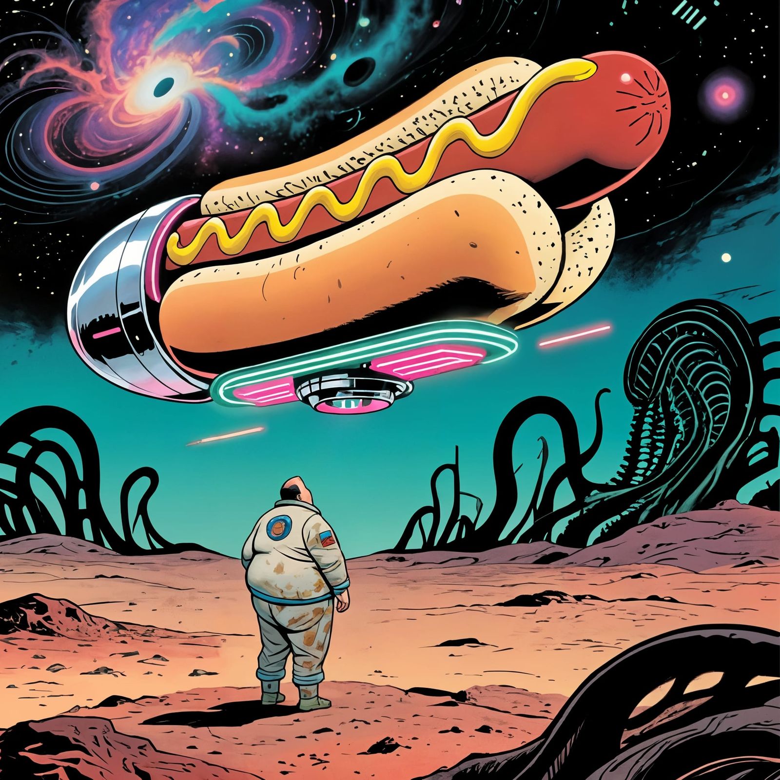 Fat Man Gazes at Hotdog Spaceship on Alien Planet