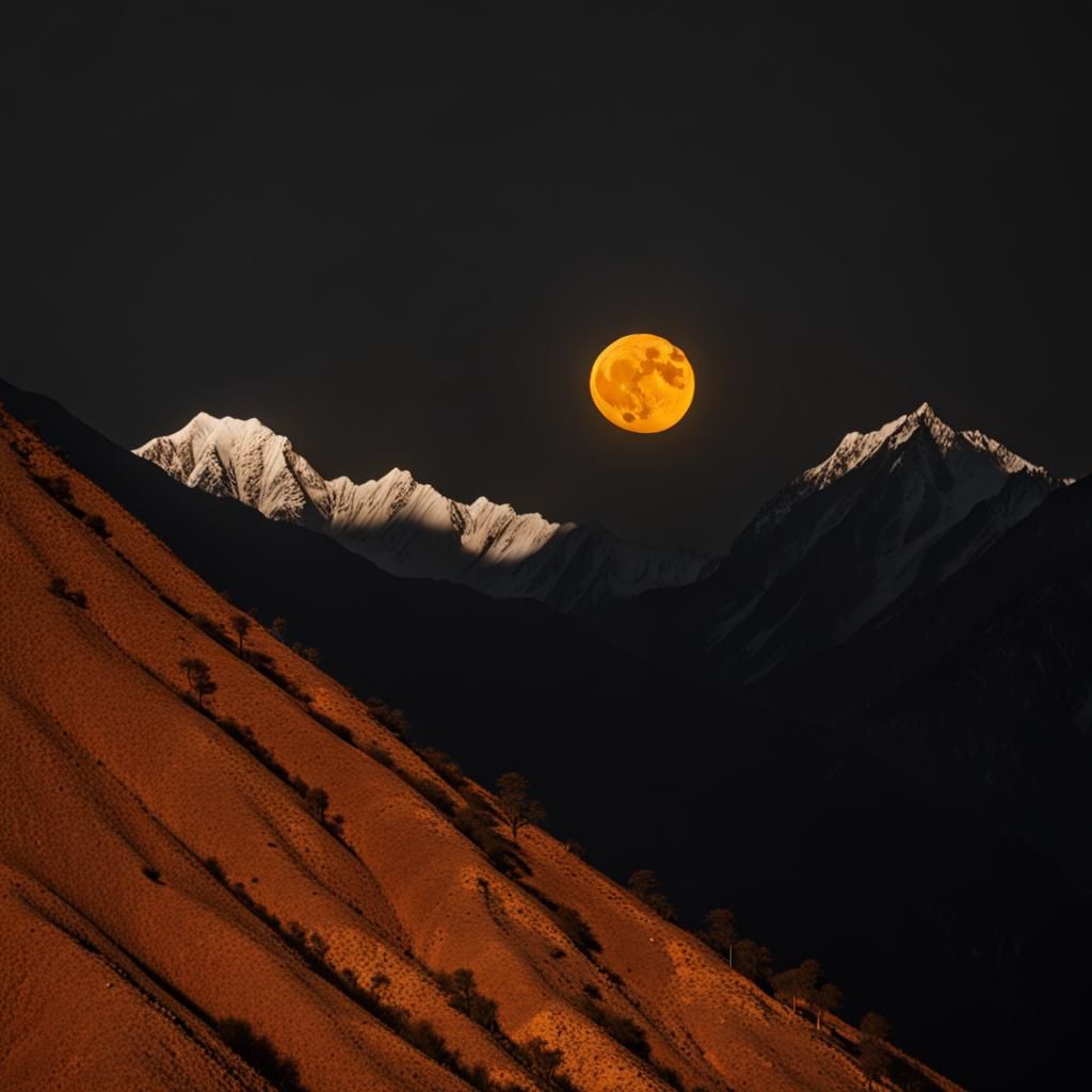 Blurry moon rising above mountains
