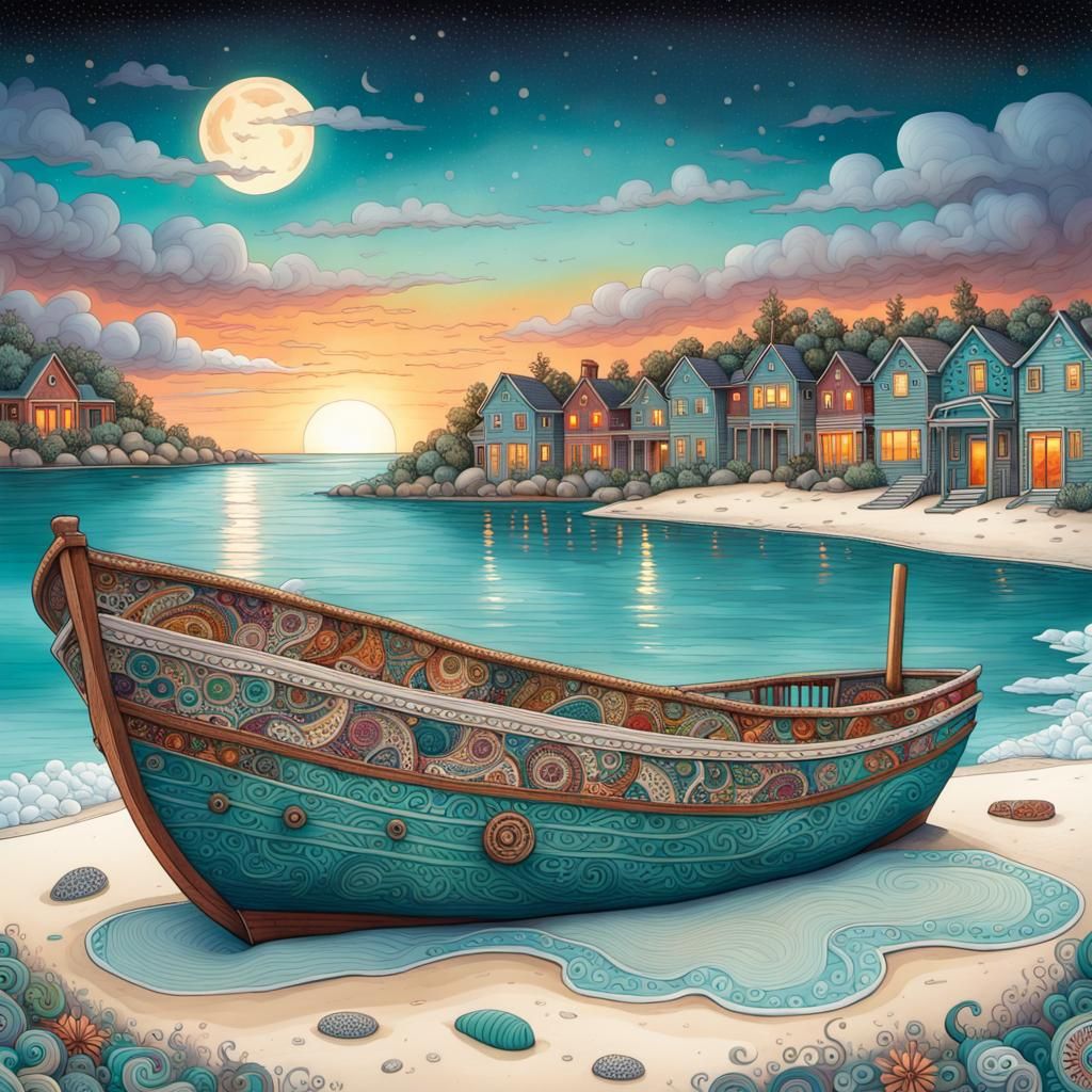 Intricate Zentangle Boat on Shore Under Twilight Sky