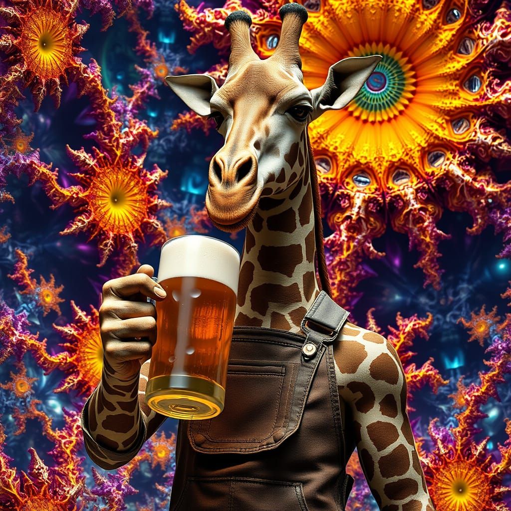 Giraffe-Human Hybrid in Maximalist Digital Landscape