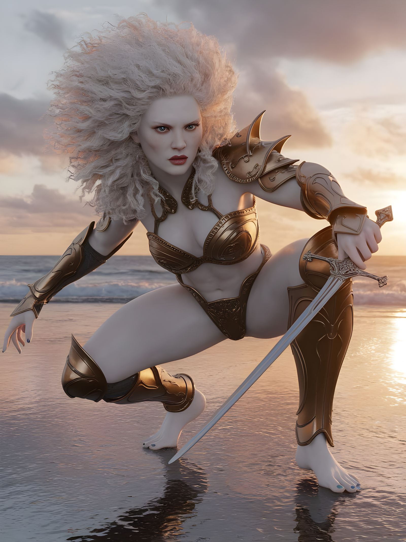 Albino Warrior Woman in Bronze Armor at Sunset