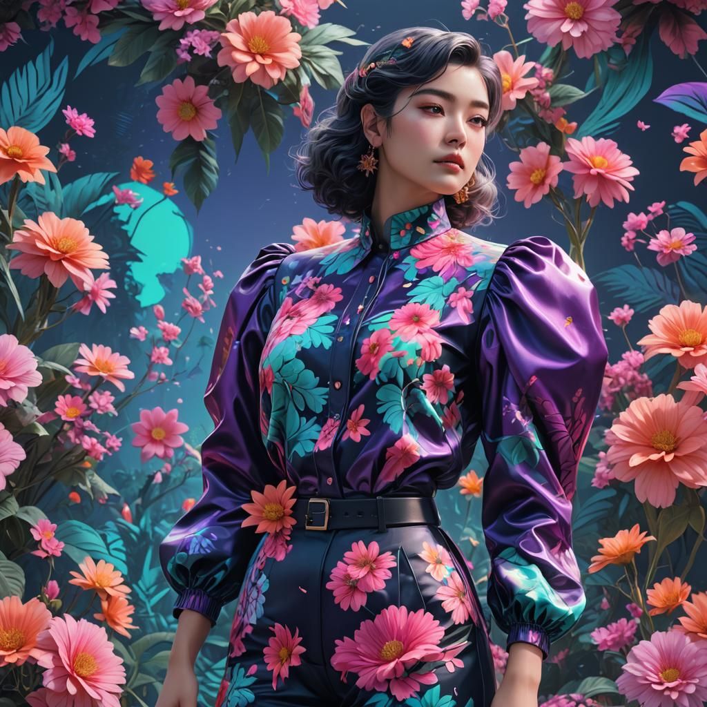 Vaporwave Floral Blouse: Detailed Digital Art