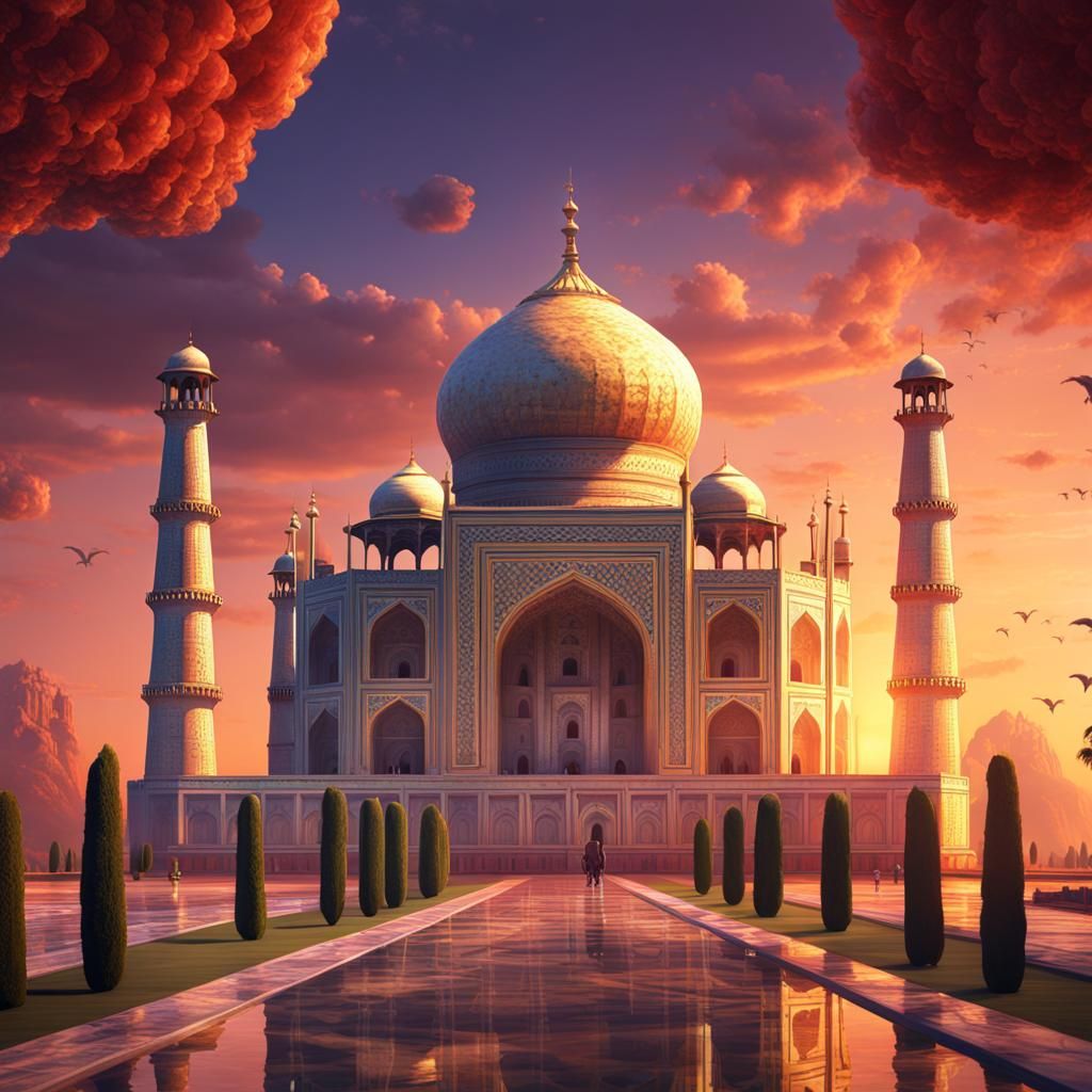 Taj Mahal Sunset: Detailed Matte Painting in Deep Color