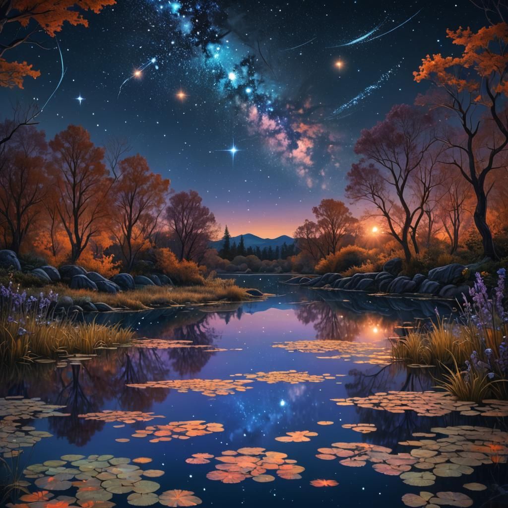 Starry Pond Reflection in a Fantasy Landscape