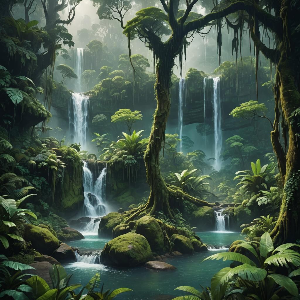 Lush Rainforest Waterfall Art in Dreamy Style