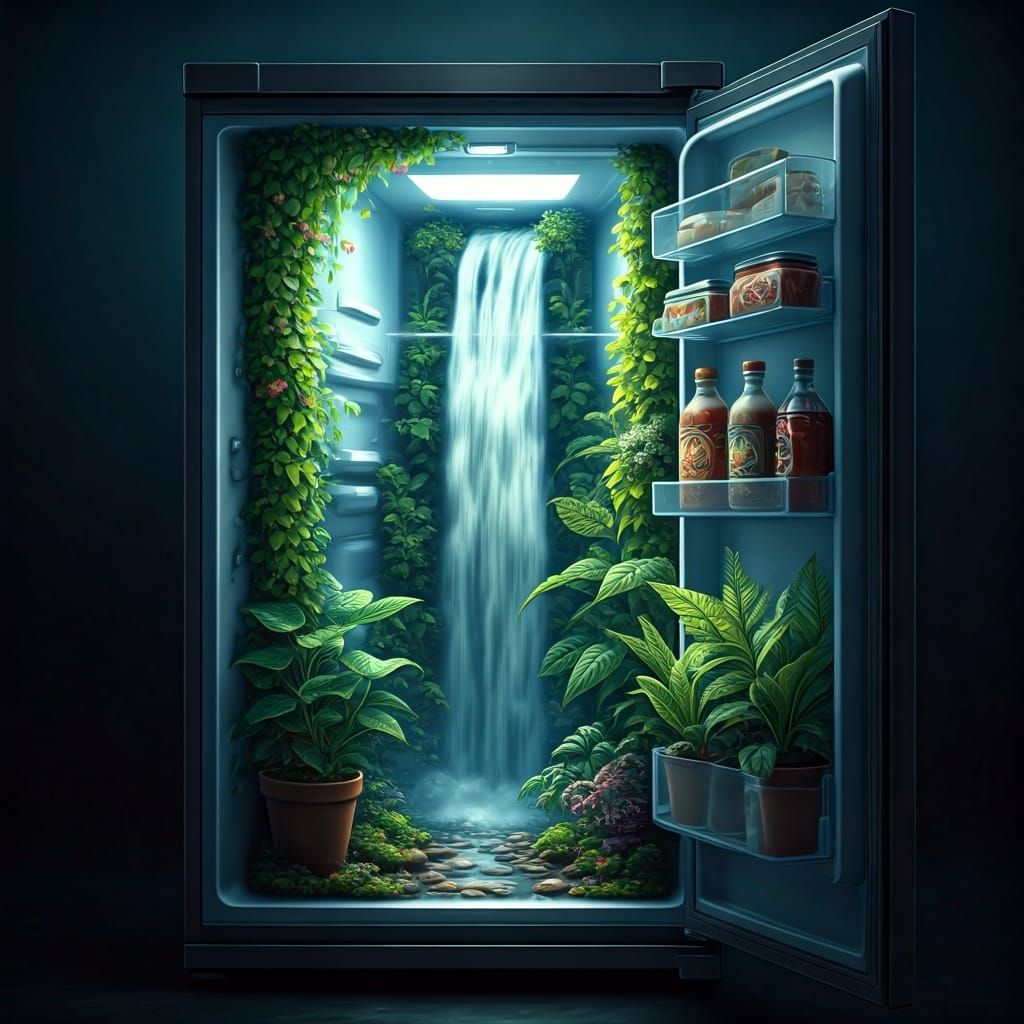 Waterfall Fridge Opens to Fairy Forest