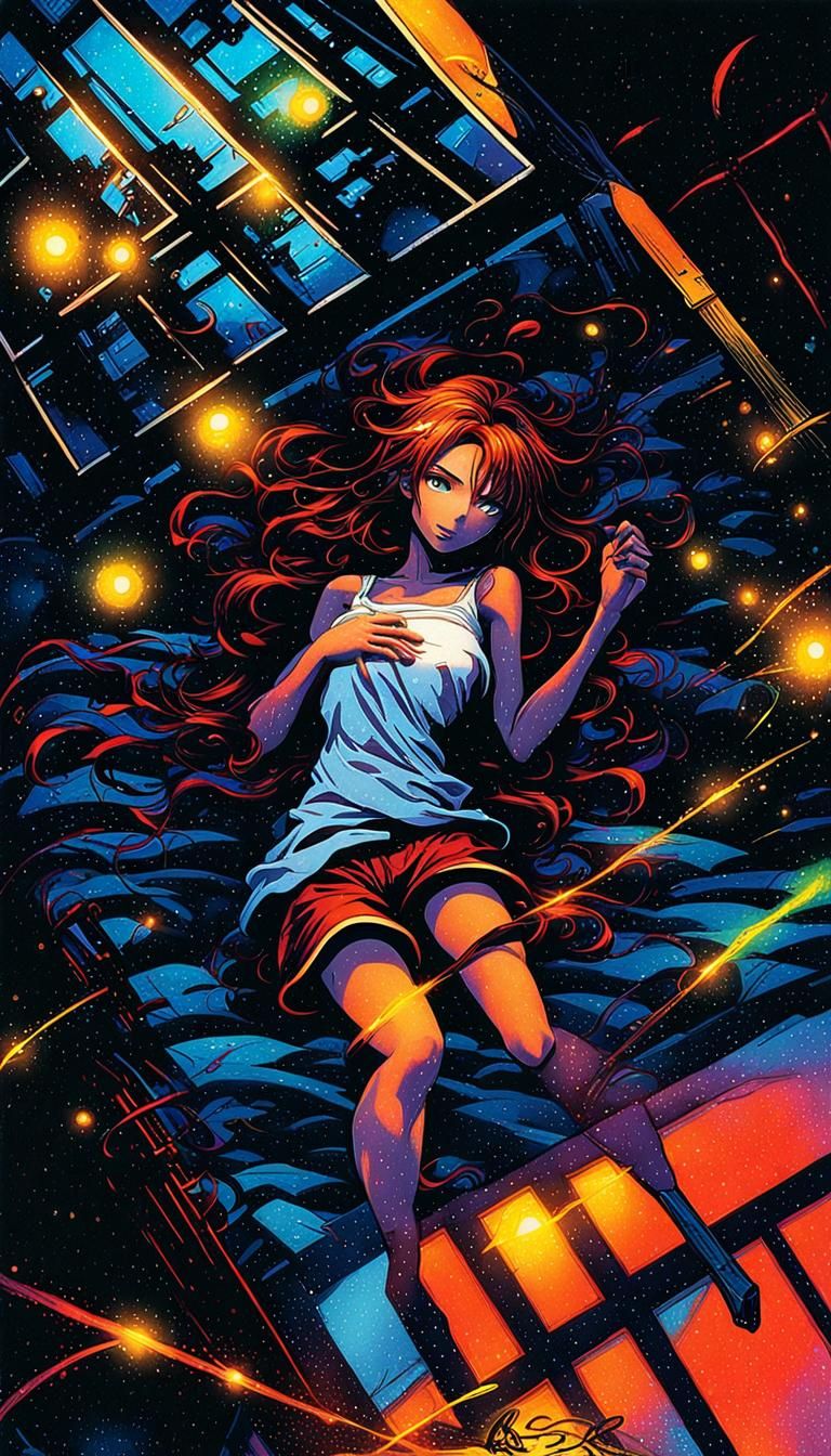 Anime Woman in Bed: Vibrant Digital Manga Art