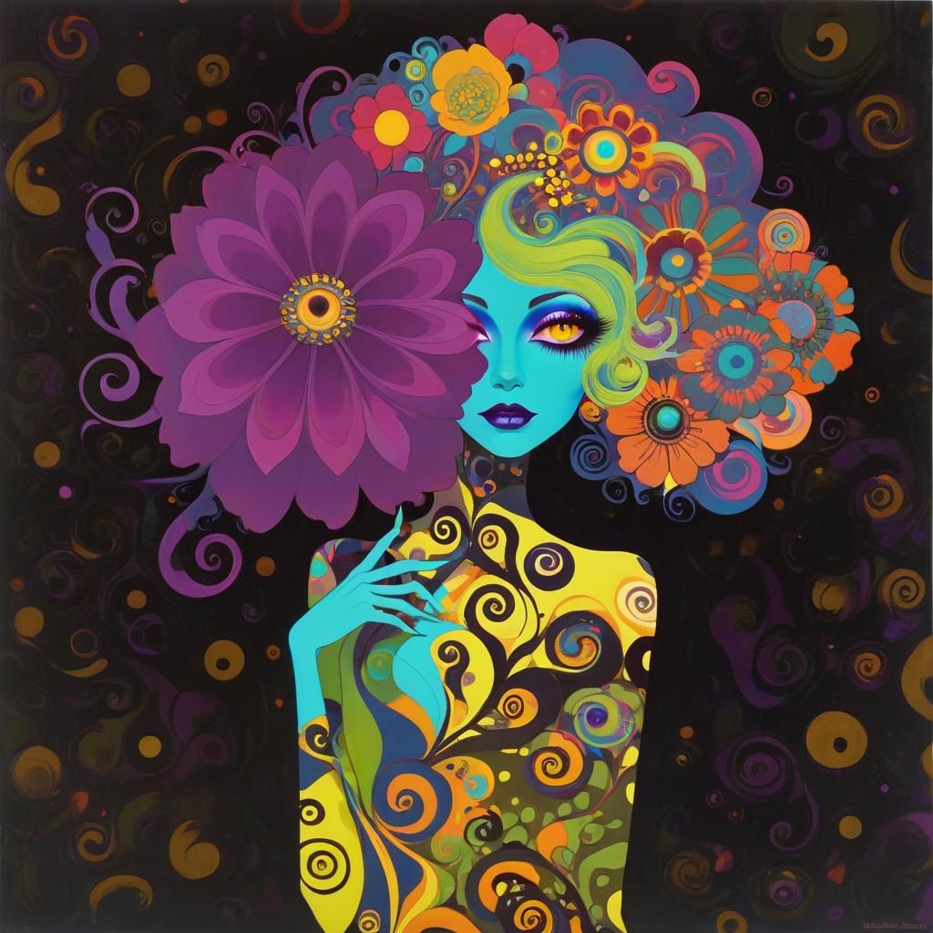 Psychedelic Monster Girl Silhouette with Swirling Flowers