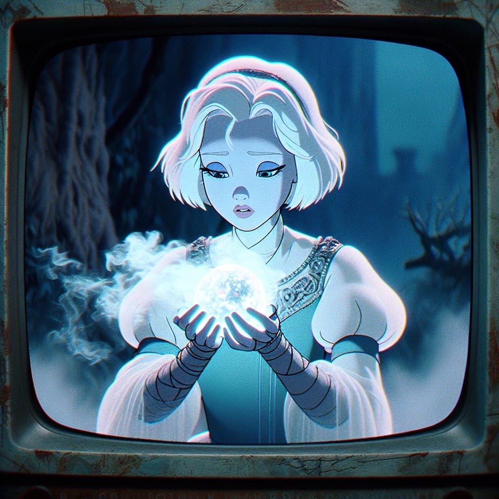 A Haunting Princess on a CRT TV, Holding a Glowing Marble in...