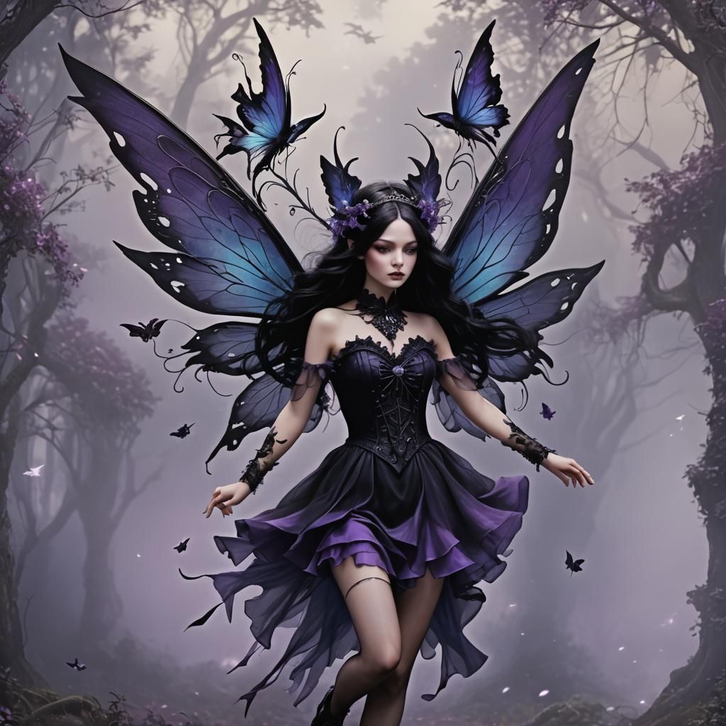 Dark Fairy with Gothic Wings in Enchanted Scene