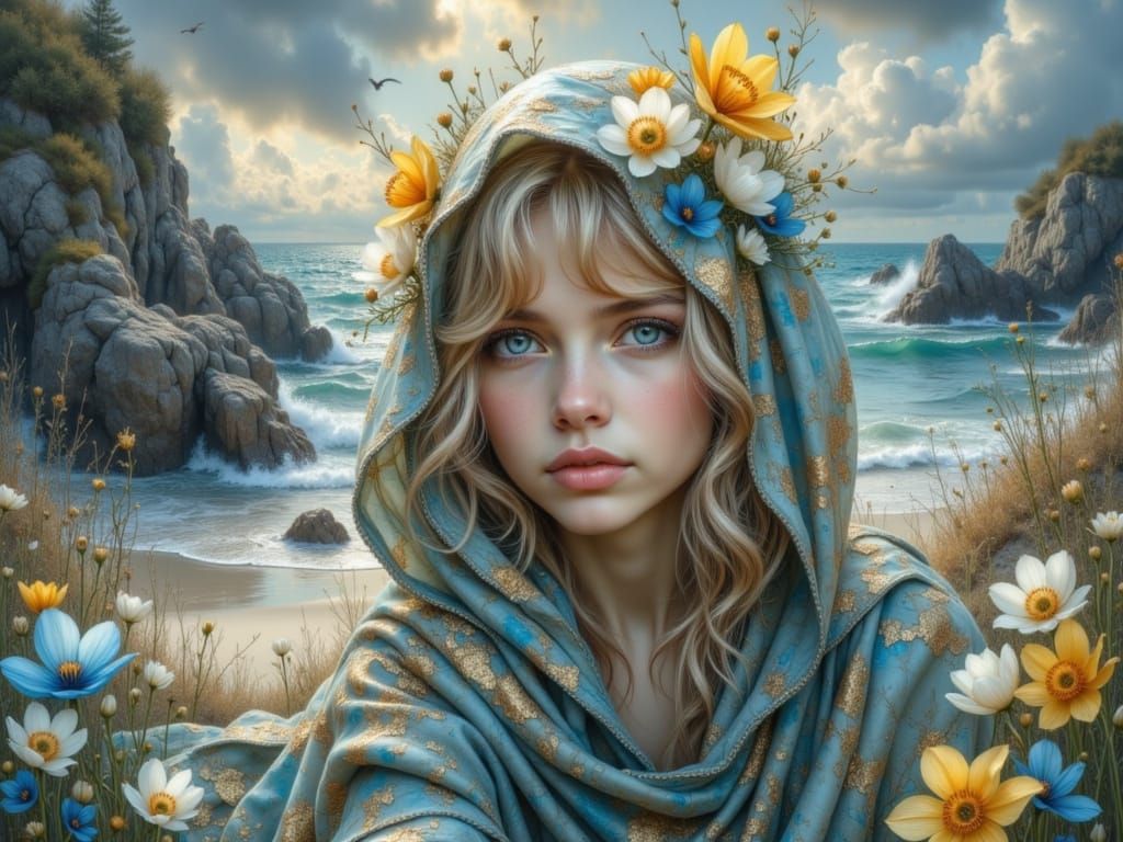 Kitten and Flowers by the Ocean in Gold and Teal