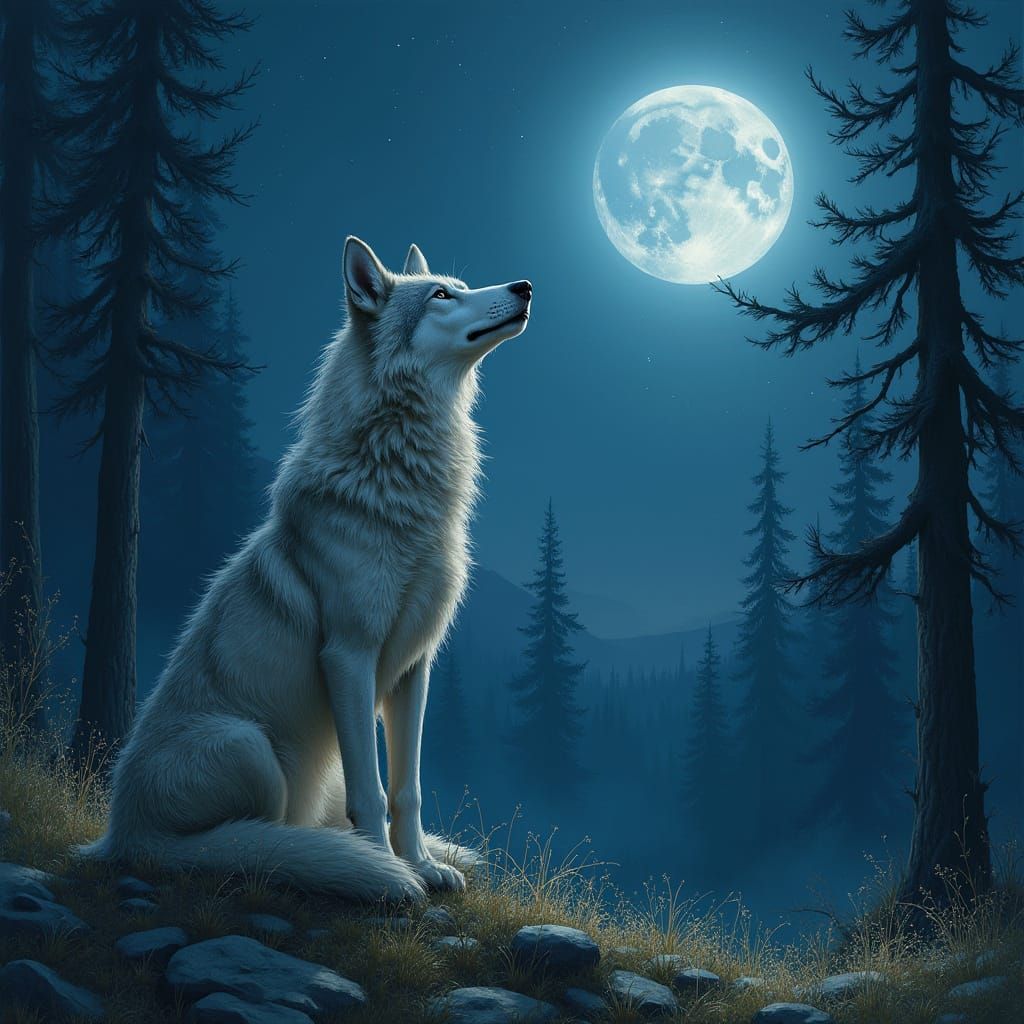 Wolf Howling at Moonlit Landscape in Dreamlike Style